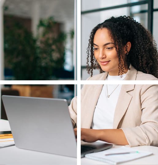 A woman sitting at a table with a laptop.